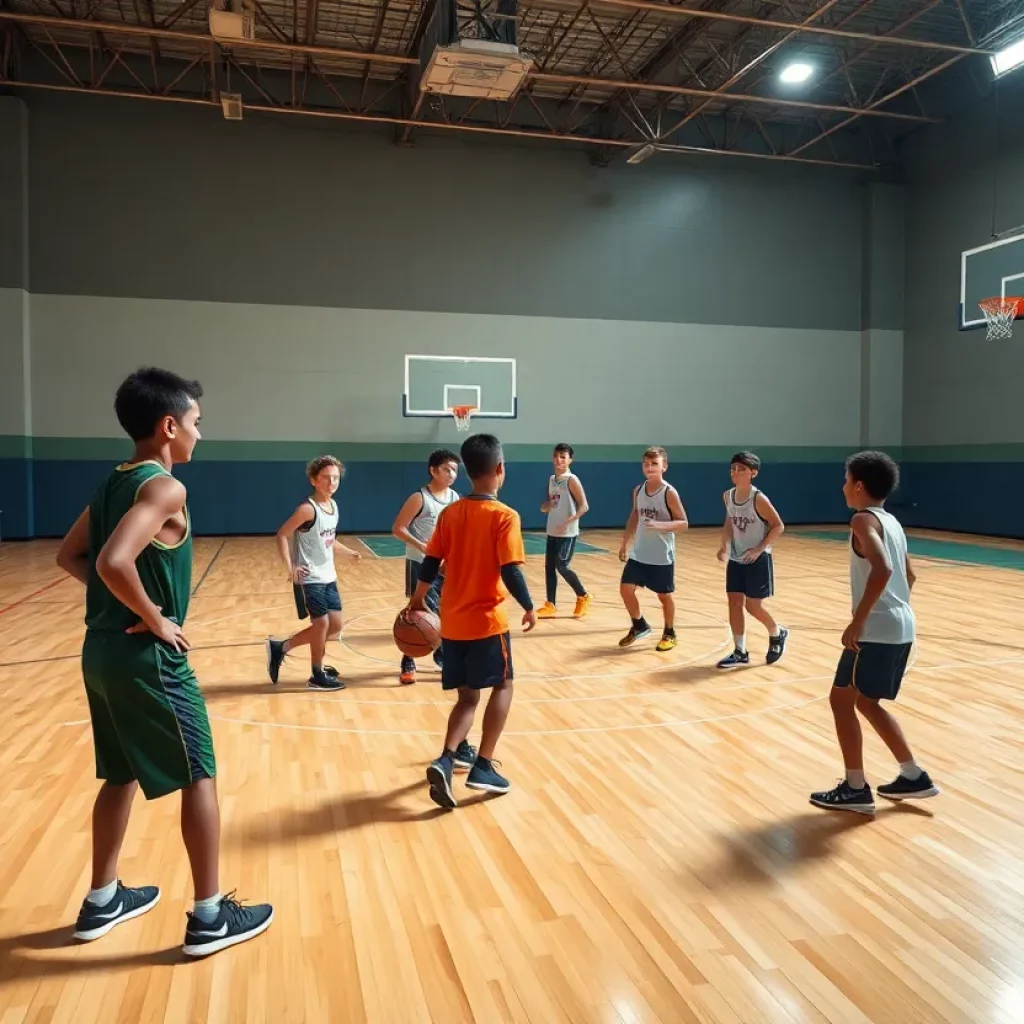 Youth basketball team practicing on the court