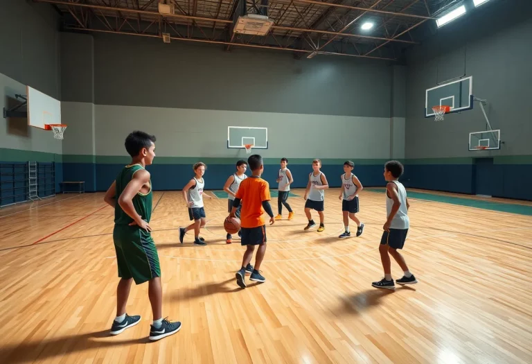 Youth basketball team practicing on the court