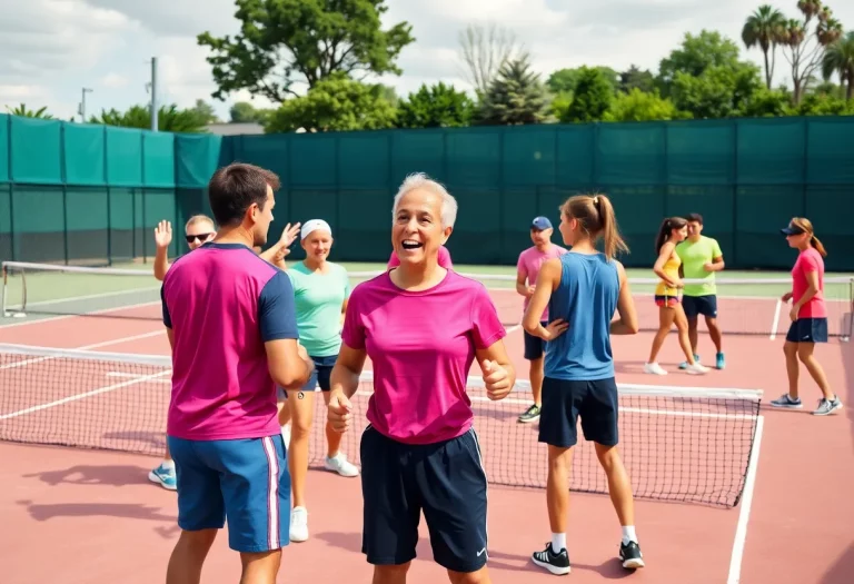 Players practicing on a tennis court.