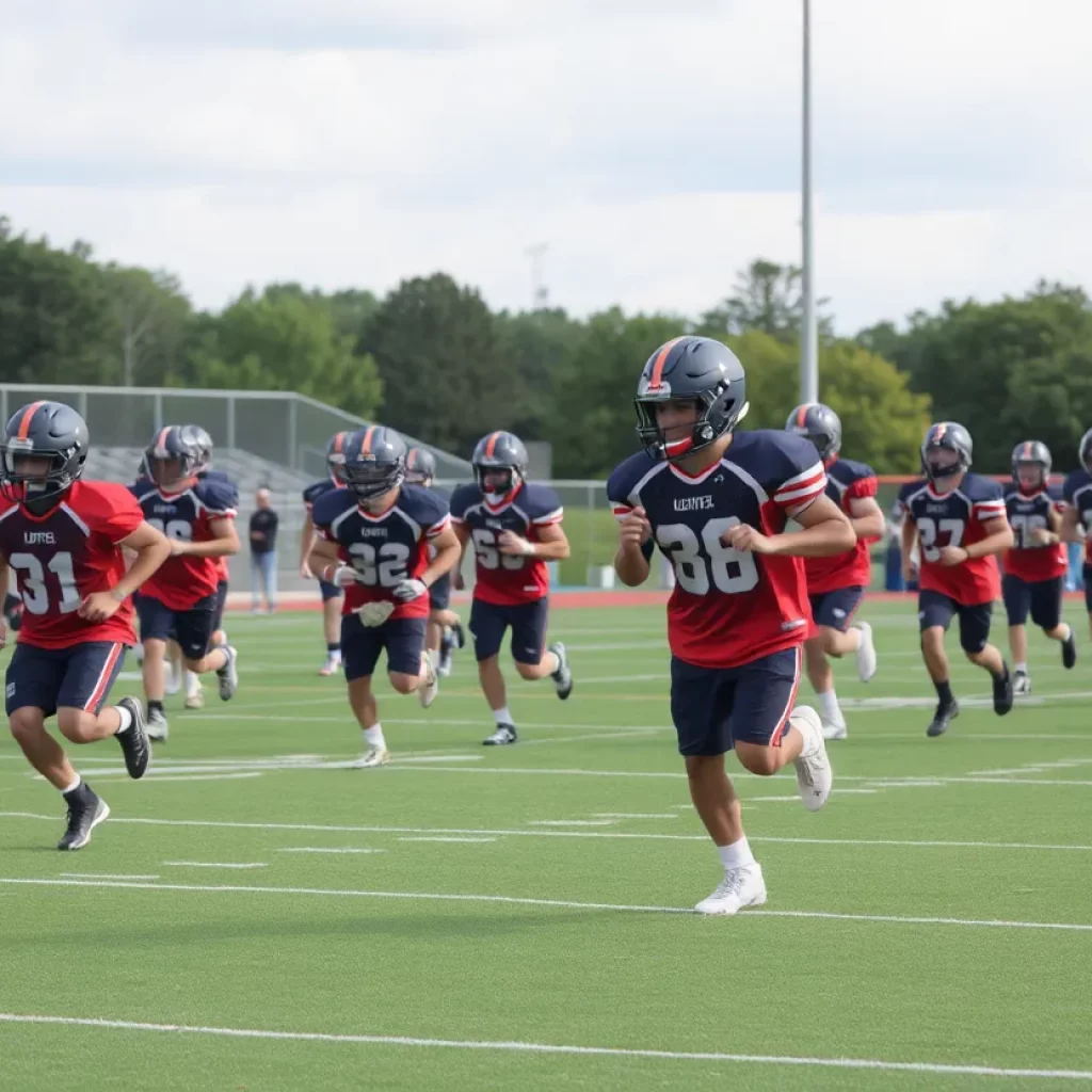 High school football players engaged in practice on a field