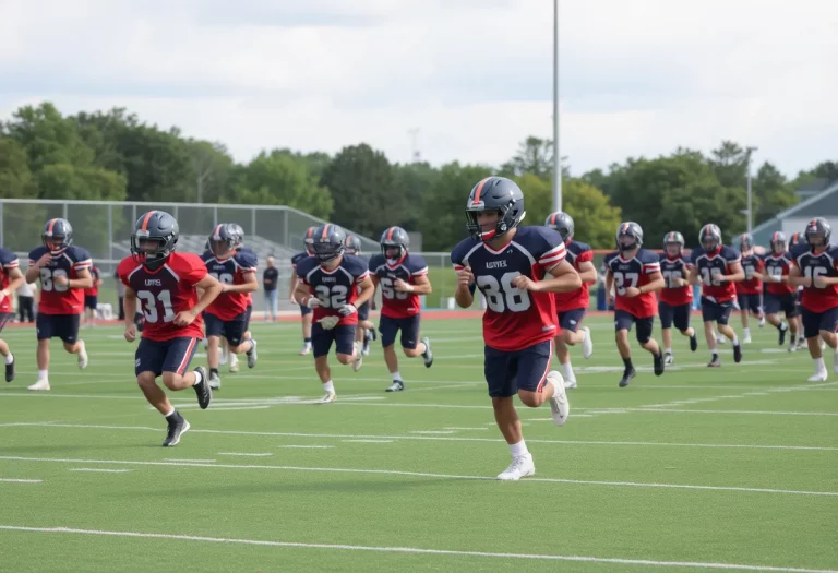 High school football players engaged in practice on a field