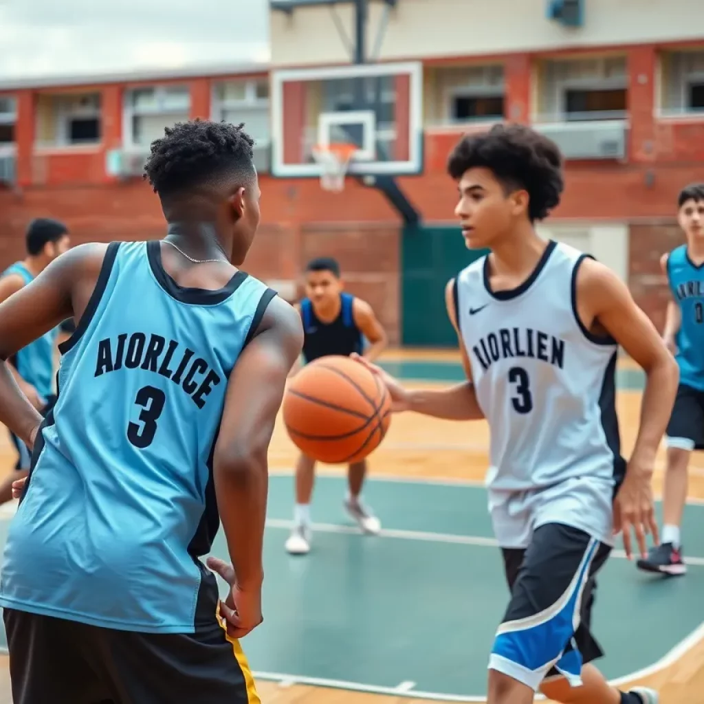High school basketball players practicing on the court