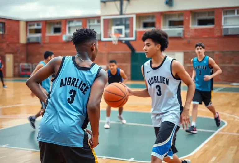 High school basketball players practicing on the court