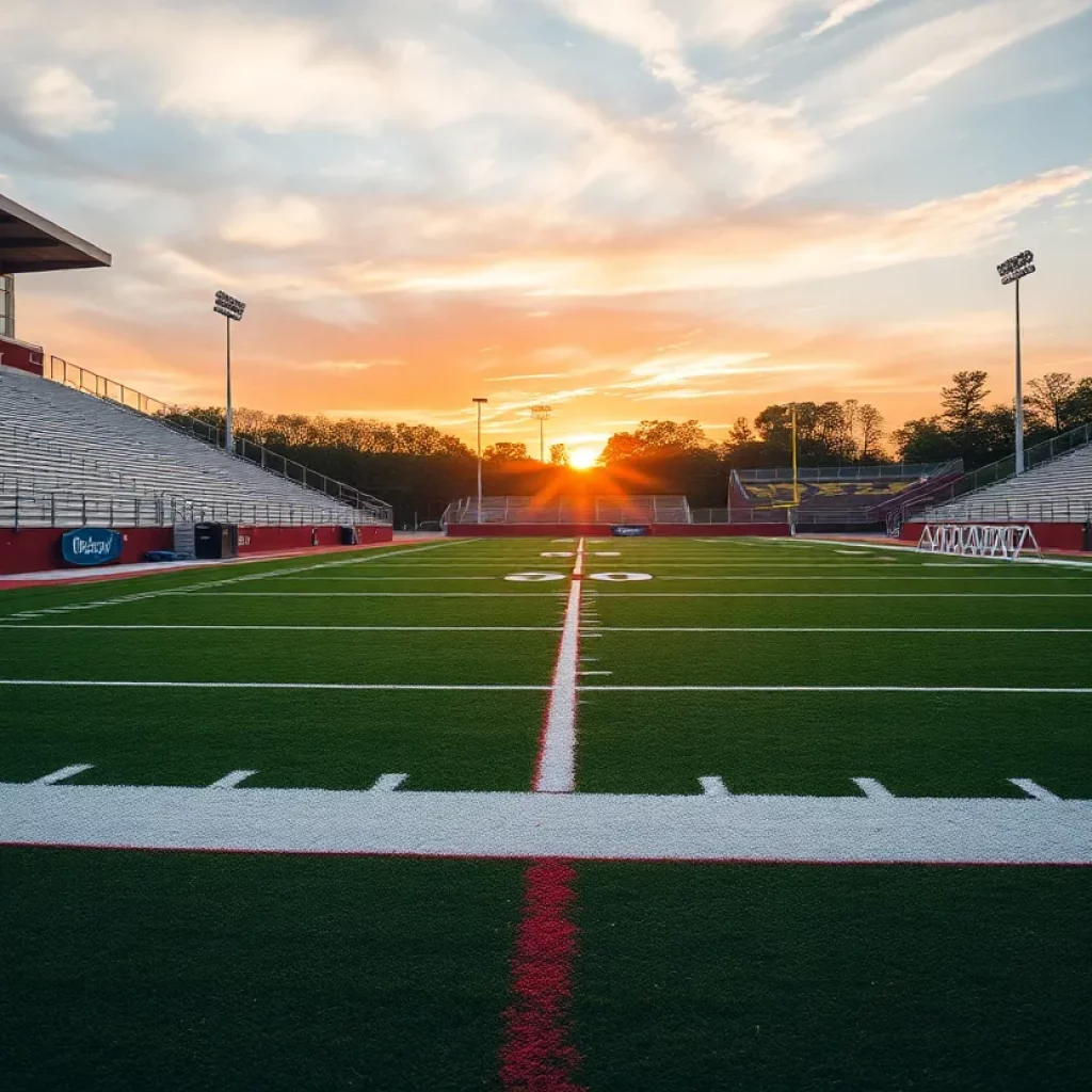 Demopolis High School football field under sunset