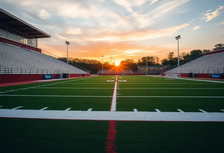 Demopolis High School football field under sunset
