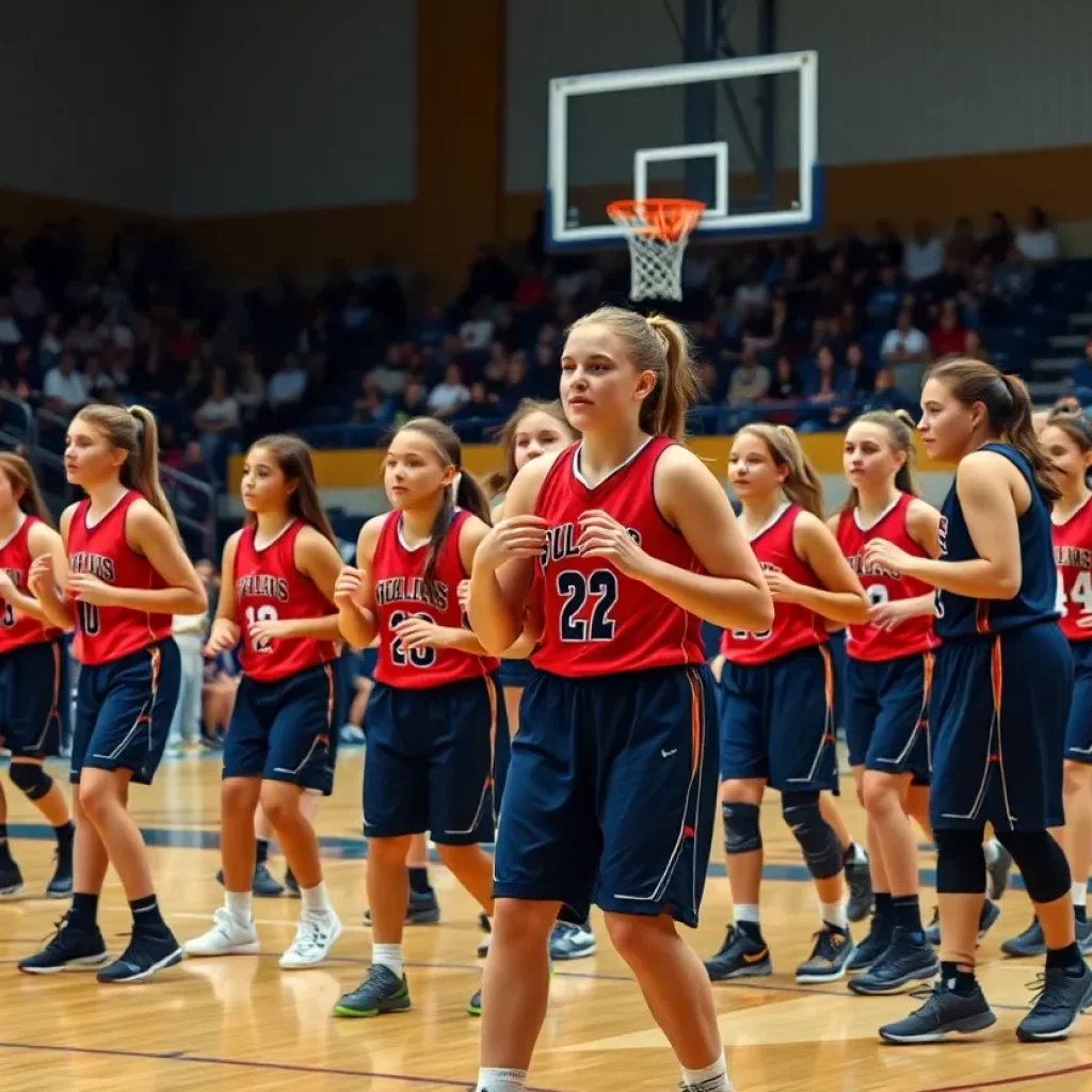 Denton Lady Raiders basketball team practicing on the court