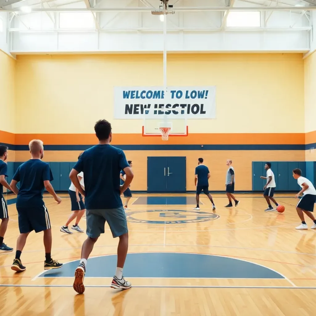 Basketball practice at Destin High School with students on the court