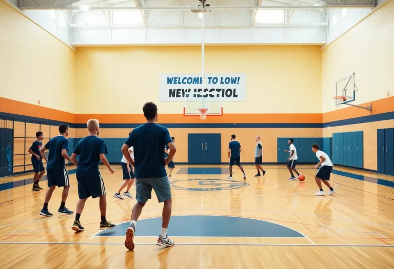 Basketball practice at Destin High School with students on the court