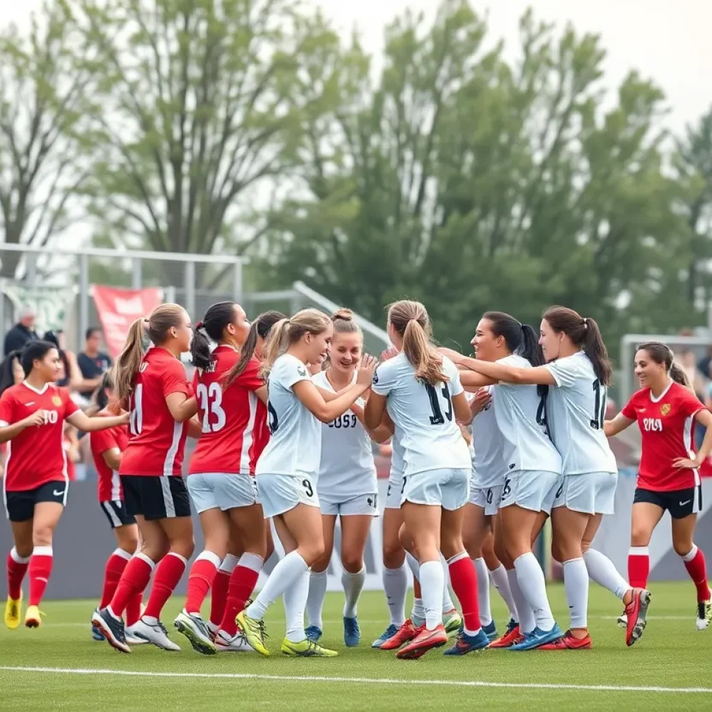 DeWitt girls soccer team celebrating on the pitch