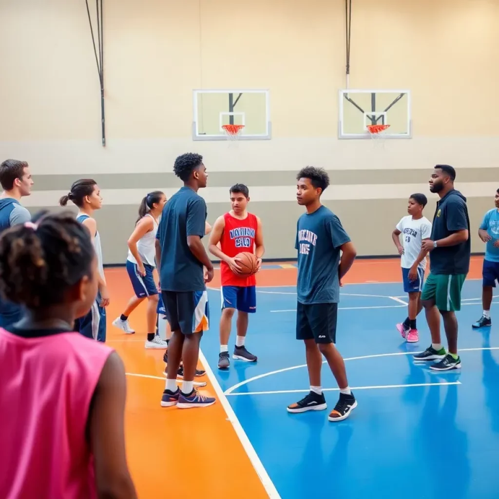 Diverse student-athletes practicing basketball at Digital Pioneers Academy