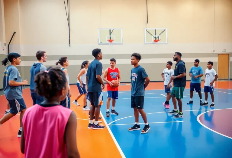 Diverse student-athletes practicing basketball at Digital Pioneers Academy