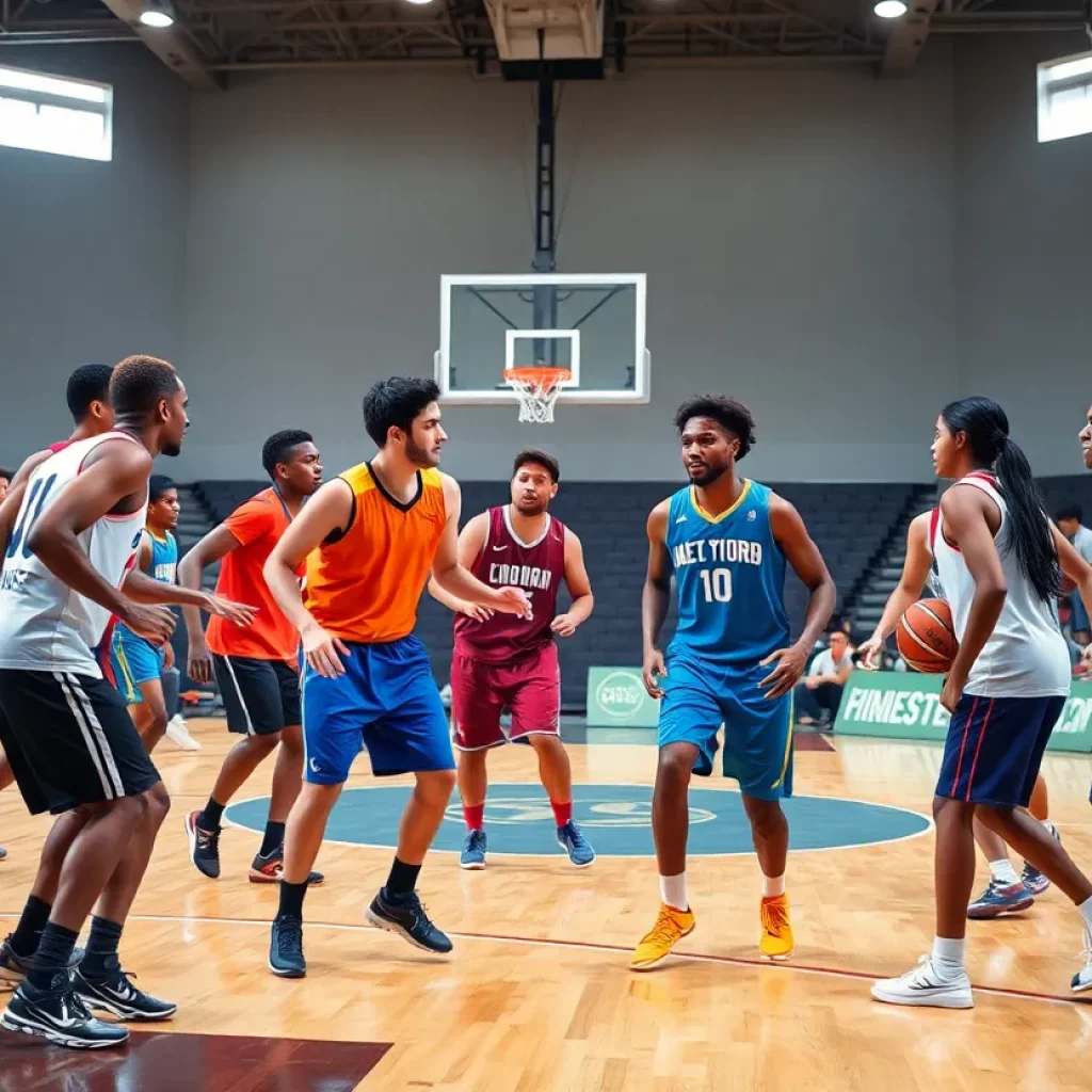 Diverse basketball players on a court during a game