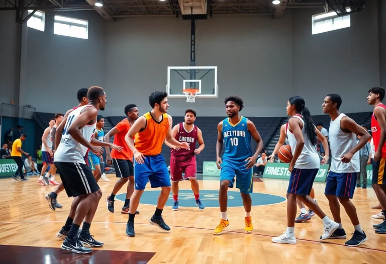 Diverse basketball players on a court during a game