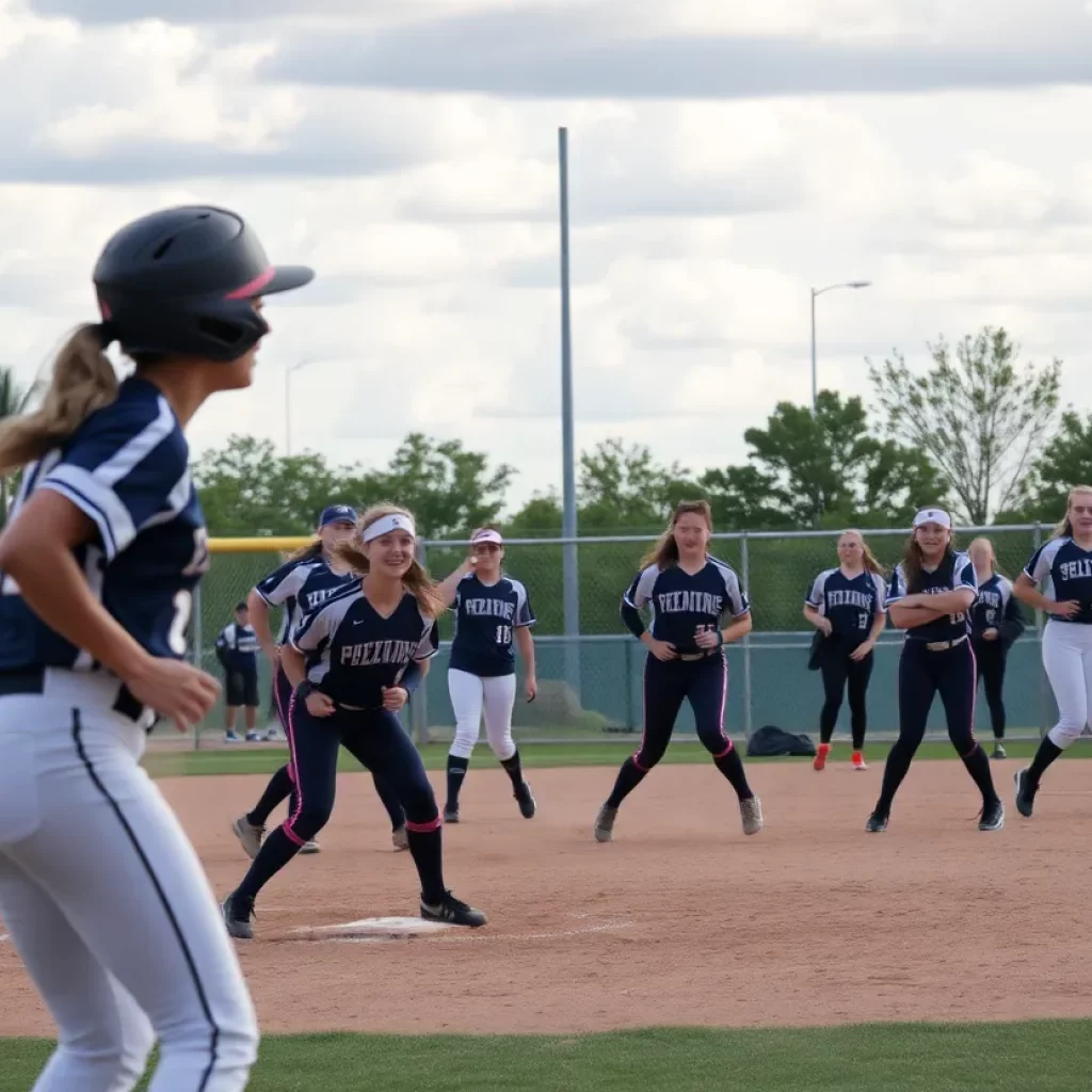 High school softball teams in action during a game