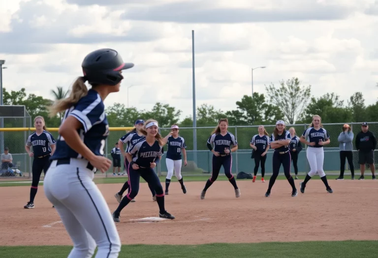 High school softball teams in action during a game