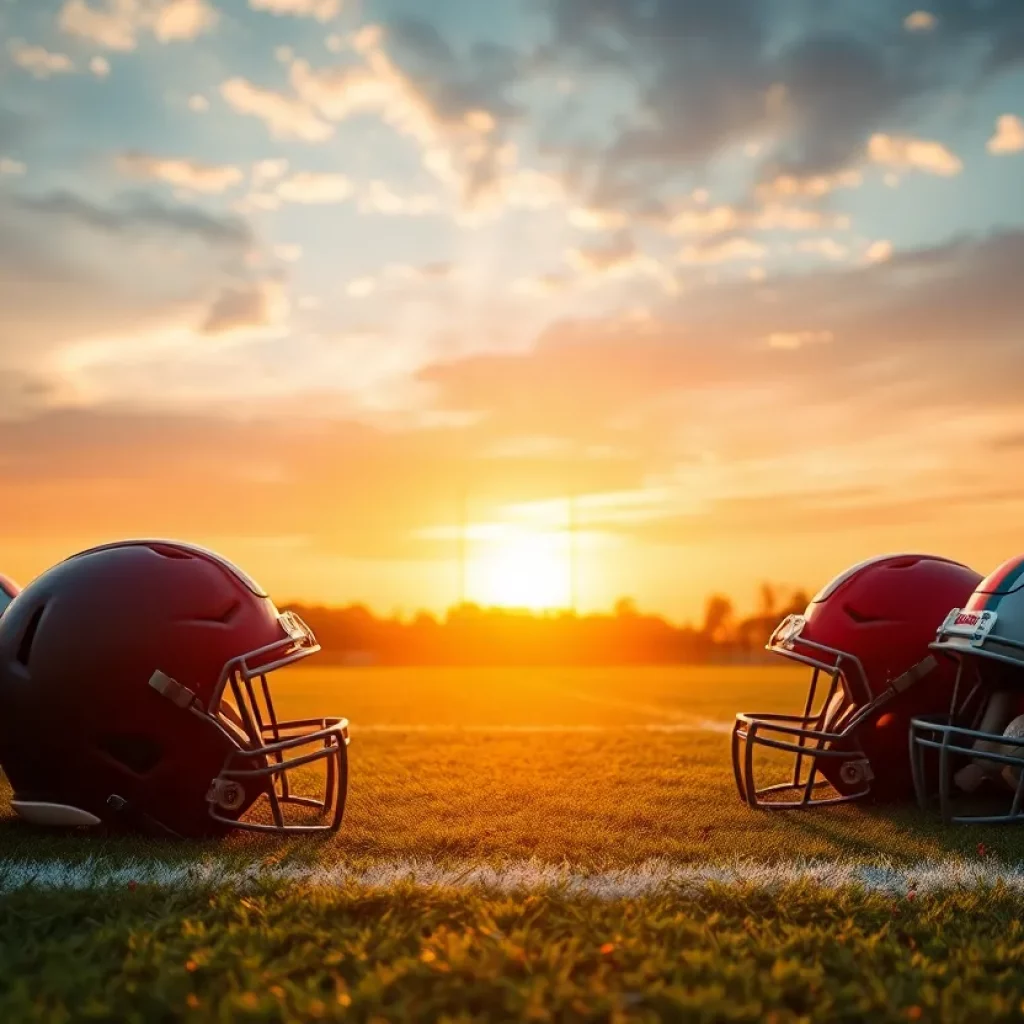 East High football helmets and jerseys on the field at sunset.