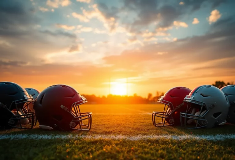 East High football helmets and jerseys on the field at sunset.