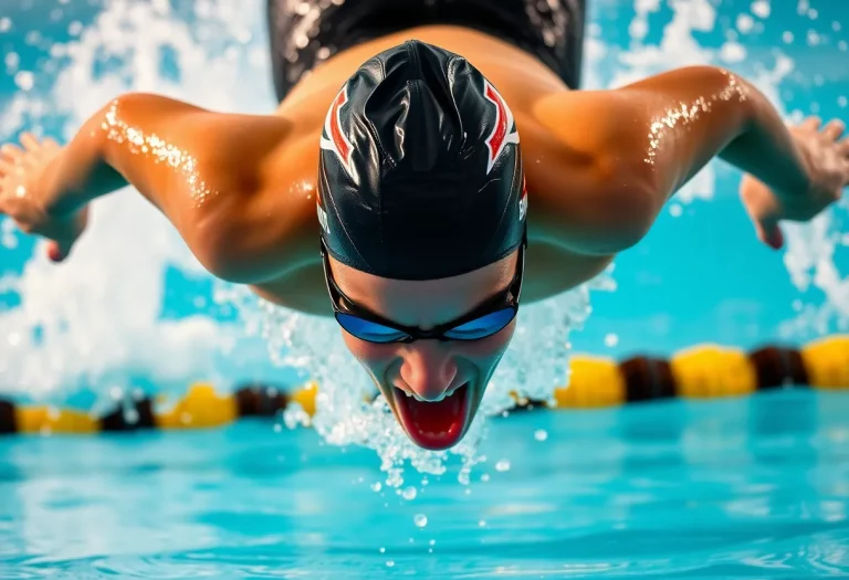 A swimmer diving into a pool, capturing the essence of competitive swimming.