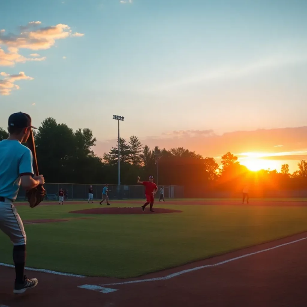 Community baseball team practicing at sunset