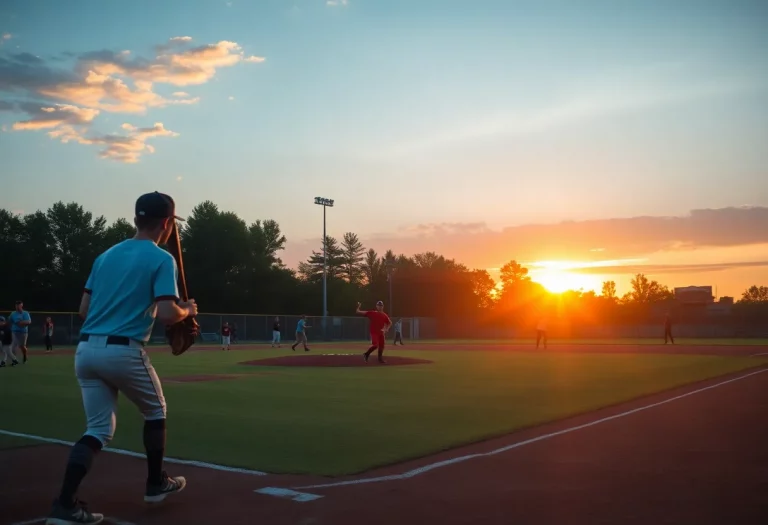 Community baseball team practicing at sunset