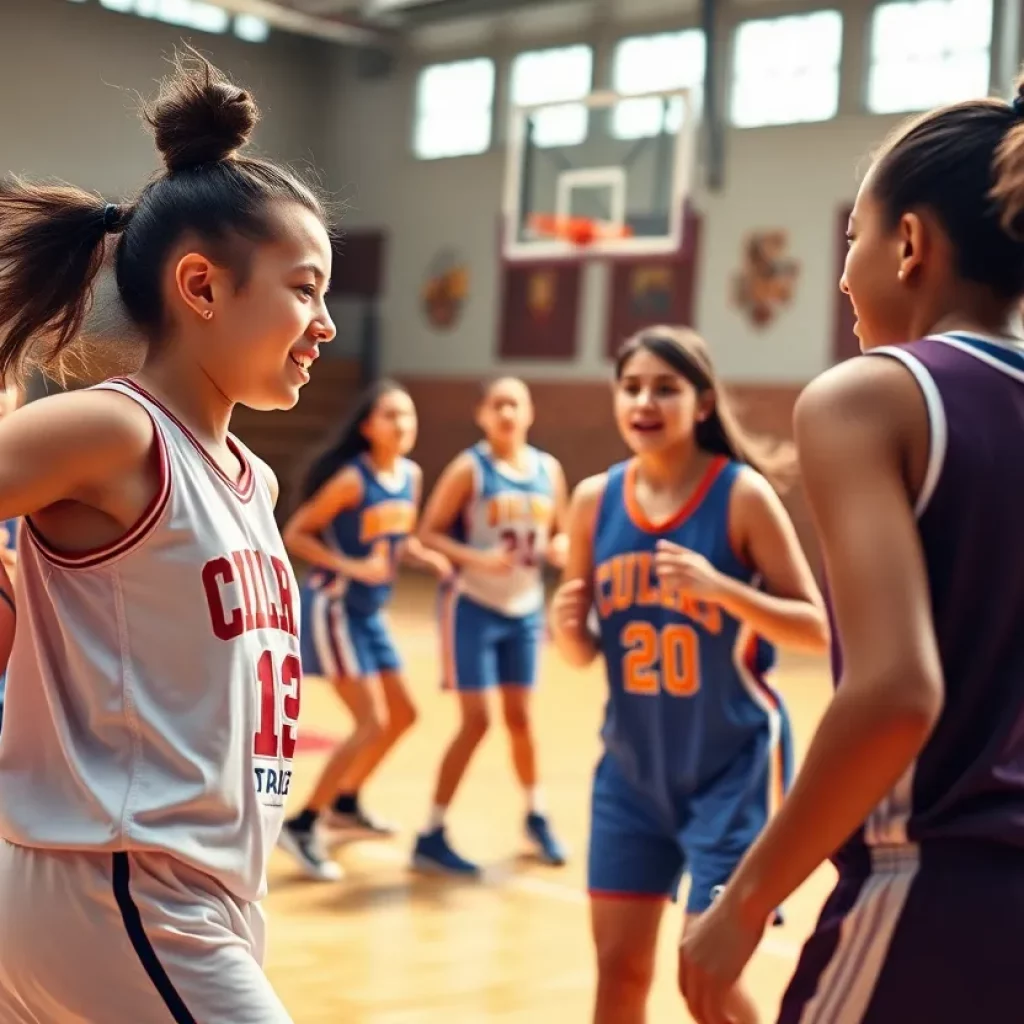 Young female athletes showcasing teamwork on the basketball court
