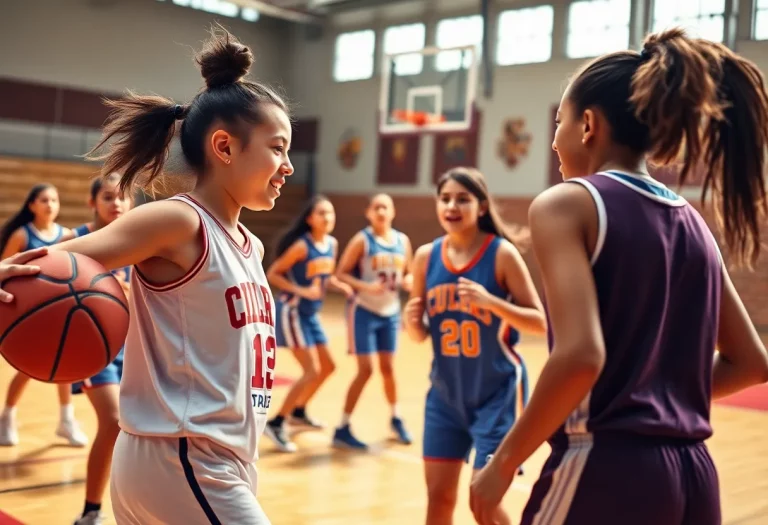 Young female athletes showcasing teamwork on the basketball court