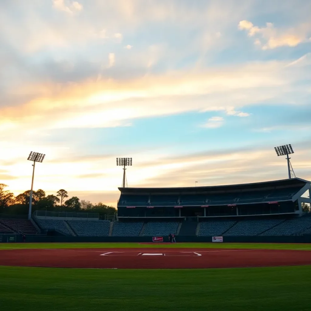 Scenic baseball field at sunset, symbolizing the retirement of a baseball coach.