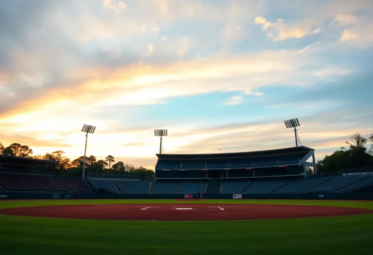 Scenic baseball field at sunset, symbolizing the retirement of a baseball coach.