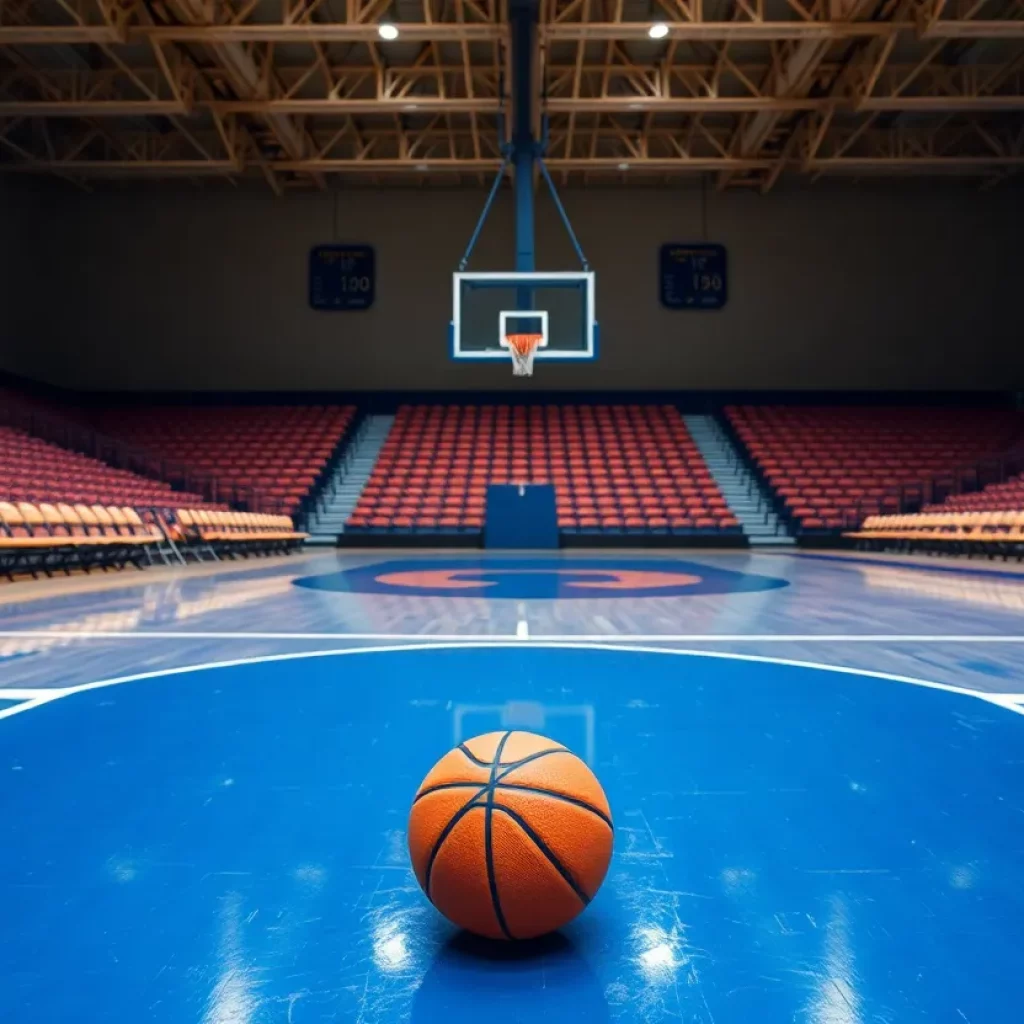An empty basketball court with a basketball on the floor signifying the firing of a beloved coach.