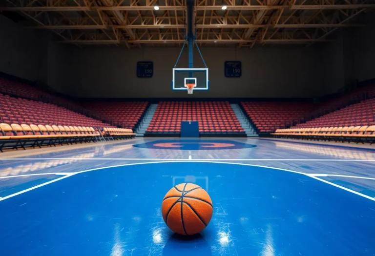 An empty basketball court with a basketball on the floor signifying the firing of a beloved coach.