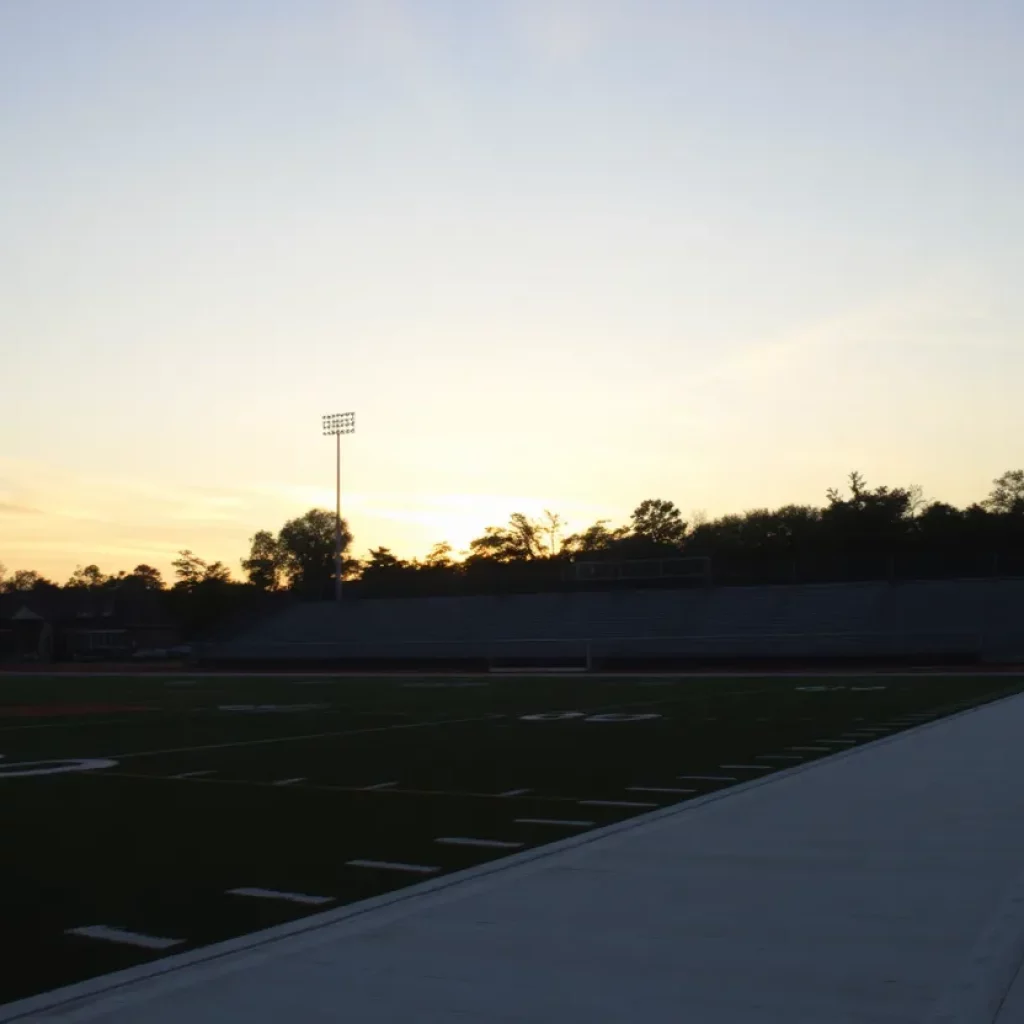 A deserted high school football field at sunset, symbolizing community shock.