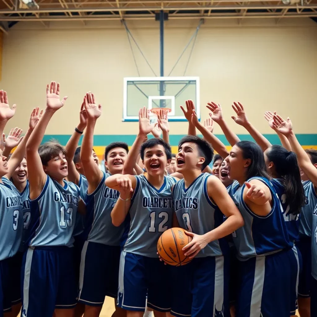 Evanston high school basketball team celebrating a game win