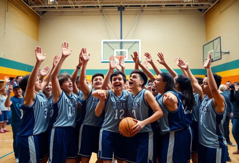 Evanston high school basketball team celebrating a game win