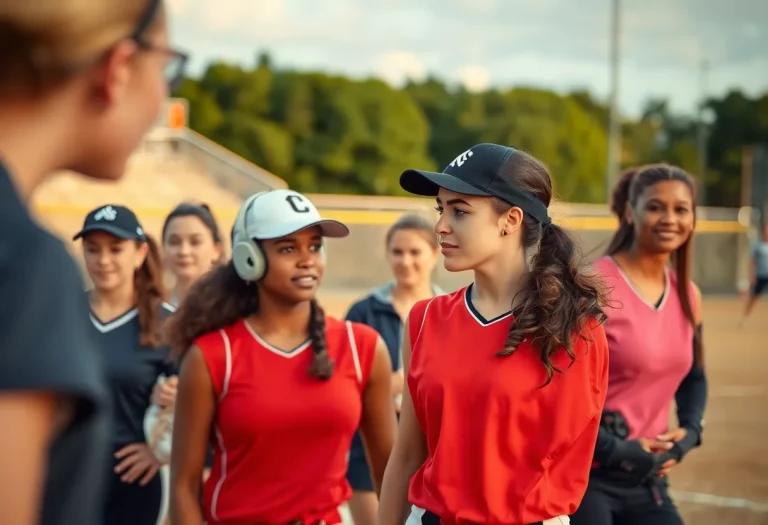 Diverse group of female athletes competing on a softball field.
