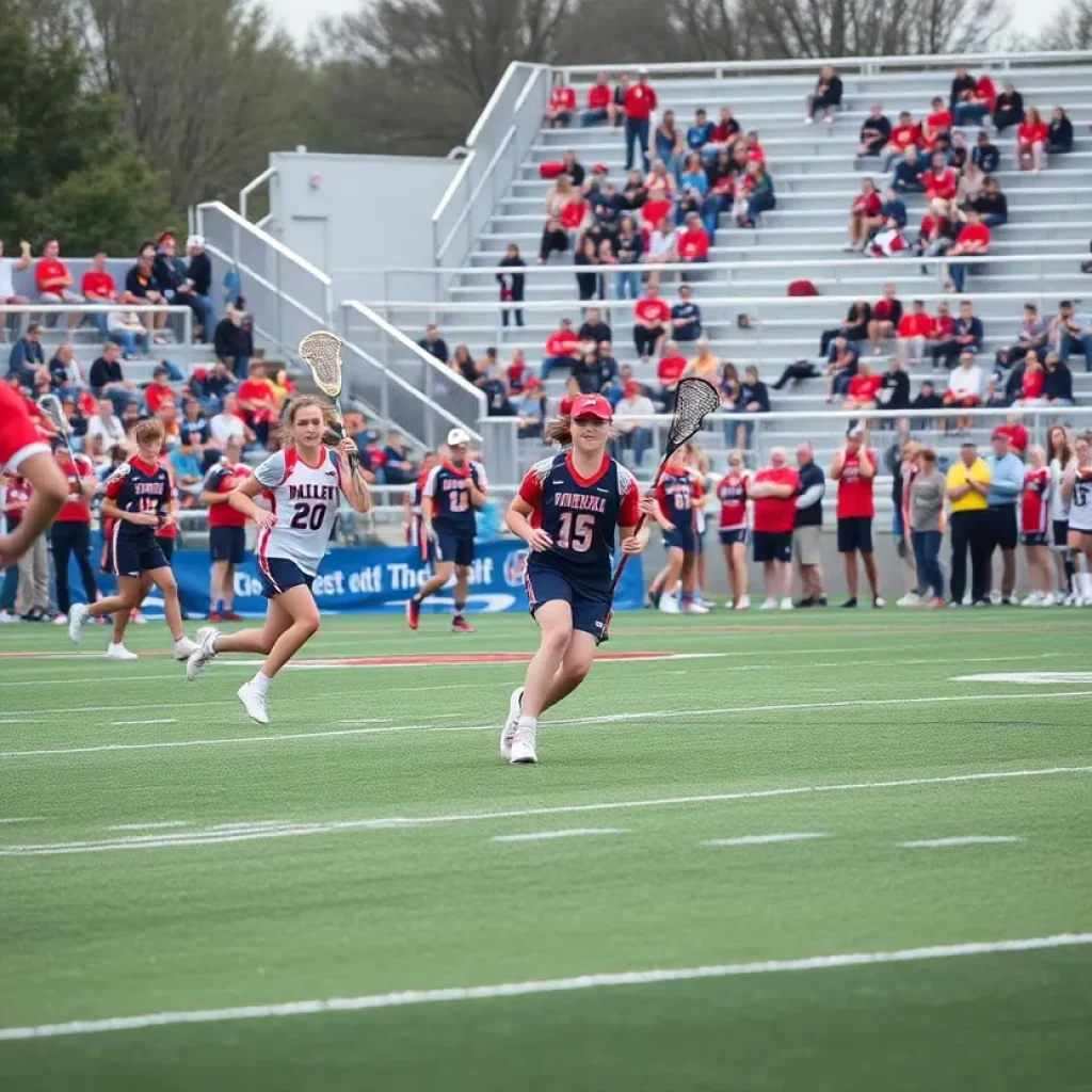 Players engaged in an intense high school lacrosse match