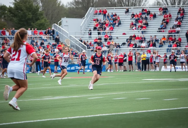 Players engaged in an intense high school lacrosse match