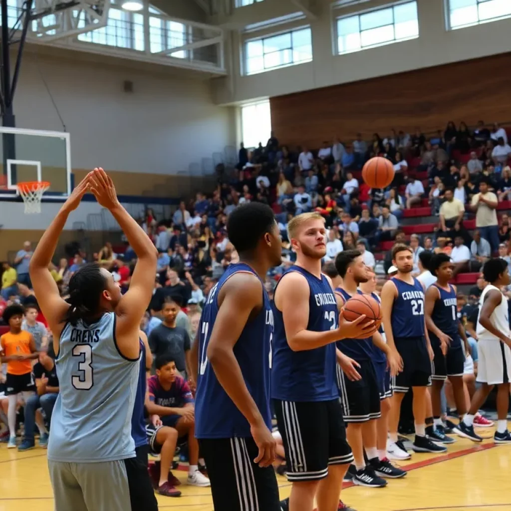 Basketball players competing at the Flat Rock High School summer league