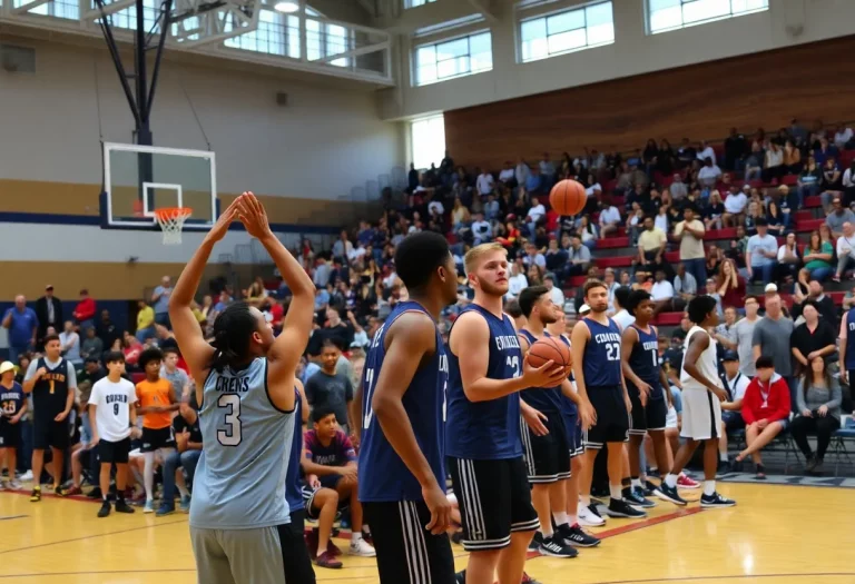Basketball players competing at the Flat Rock High School summer league