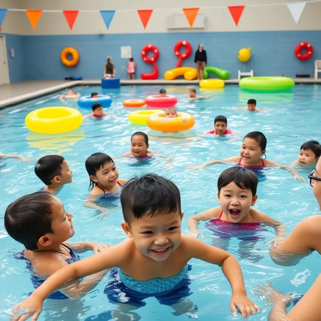 Families participating in affordable swim lessons in Flatbush.