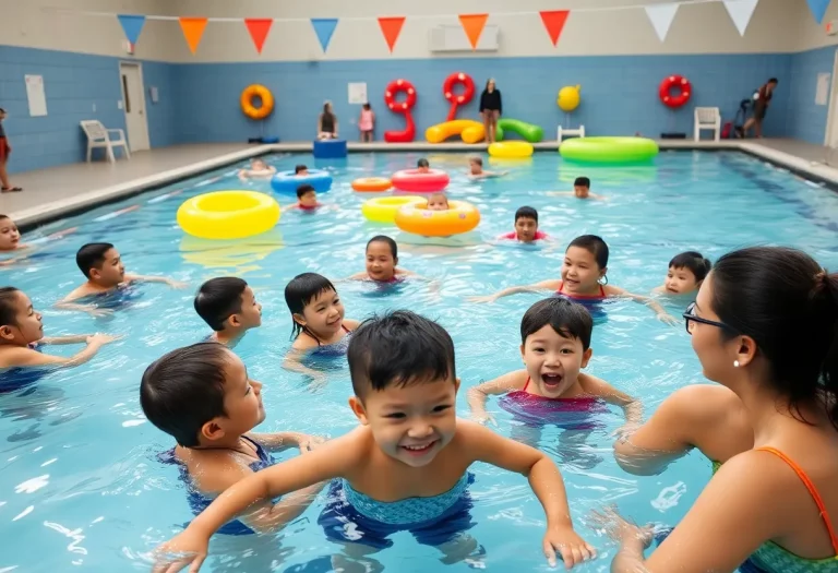 Families participating in affordable swim lessons in Flatbush.