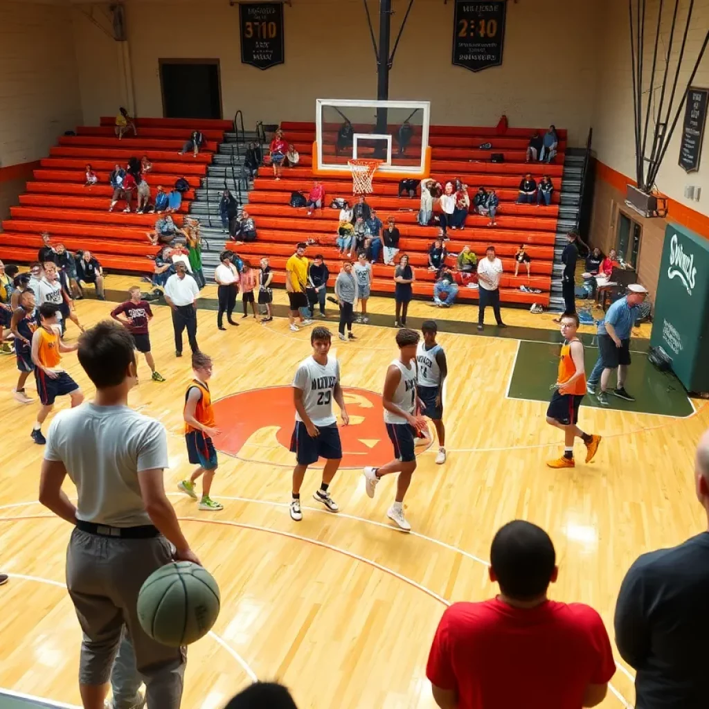 Young athletes practicing basketball on a court observing coaches and scouts