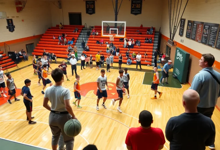 Young athletes practicing basketball on a court observing coaches and scouts