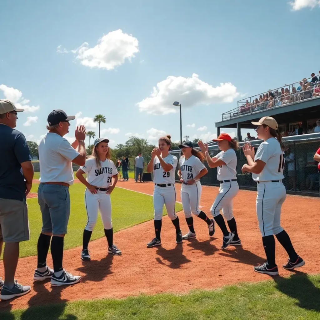 High school softball coaches and players celebrate on the field in Florida