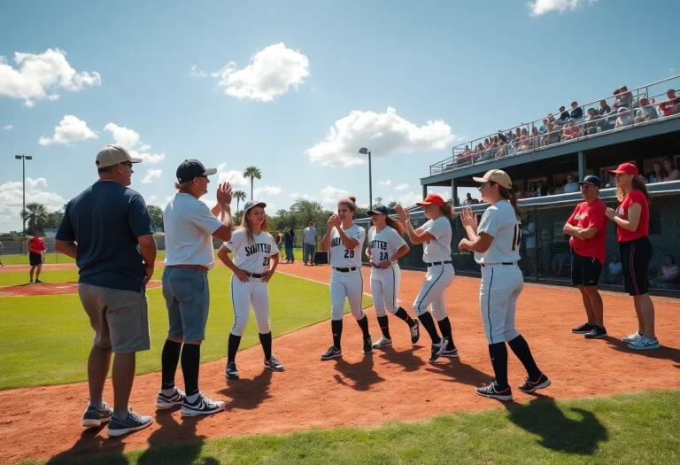 High school softball coaches and players celebrate on the field in Florida