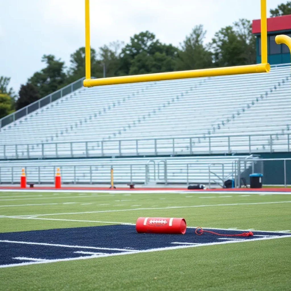 An empty high school football field with a goal post and safety equipment.