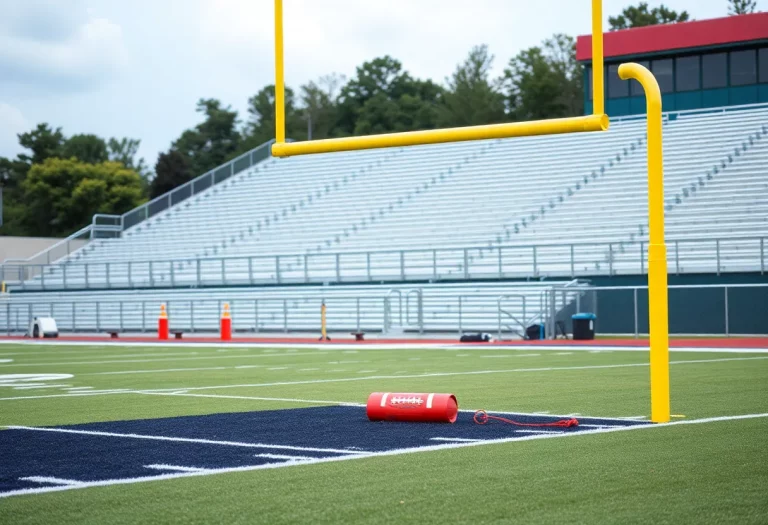 An empty high school football field with a goal post and safety equipment.