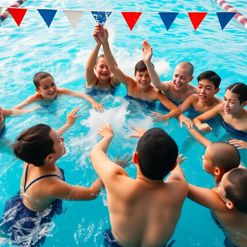 Young athletes performing a rescue in a swimming pool