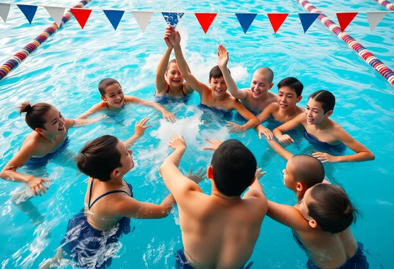 Young athletes performing a rescue in a swimming pool