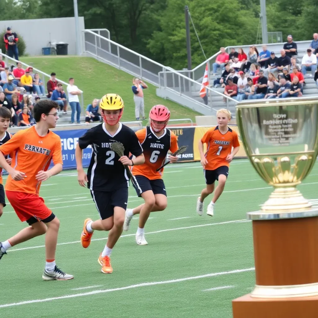 Boys lacrosse team celebrating their Cascade Cup Championship win