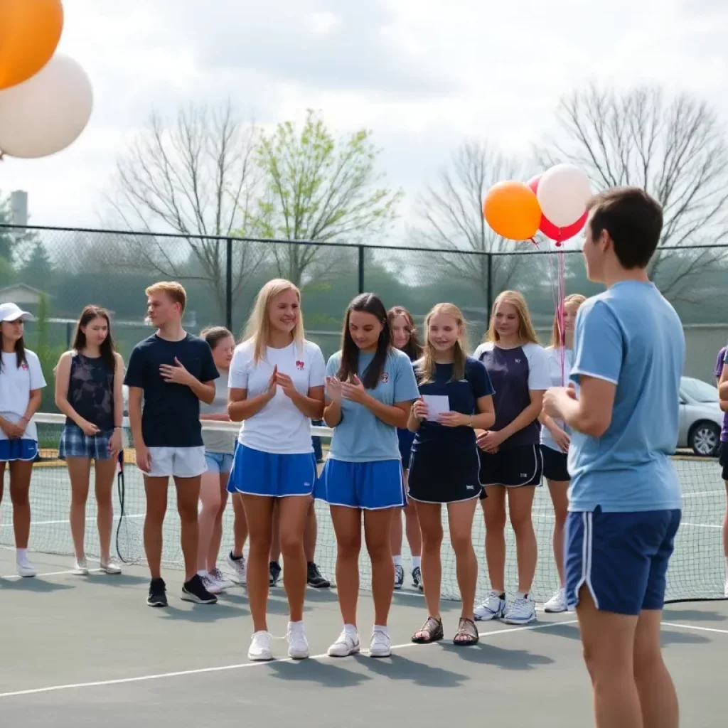 Fort Defiance girls tennis team celebrating their coach's retirement